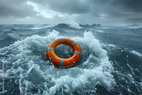 Lifebuoy floating on sea in storm weather photo