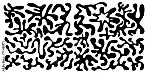 Organic random irregular shapes, abstract freeform liquid elements. Amoeoba form smooth blobs, contemporary random stains. Vector illustration of black, round, uneven, squishy icons.