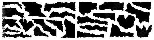 Cut and rip paper pieces with rough edges. Page sheets with jagged, ragged shapes. Vector illustration of scrapbook shred fragments, great for collage, design template, music poster