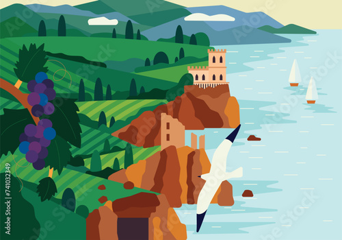 Landscape among mountains and vineyards by the sea with a castle