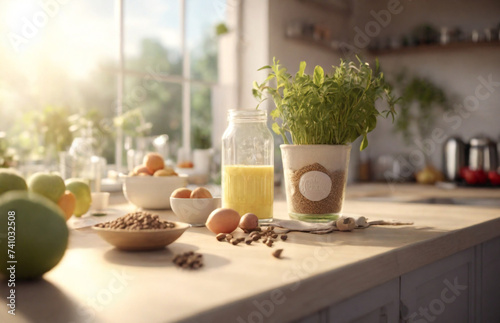 High quality image, 8K, APiggy bank on the kitchen counter - Home finances. Soft and magical lighting of a fresh morning, amazing sun, high detail, perfect precision, perfect composition, depth of the