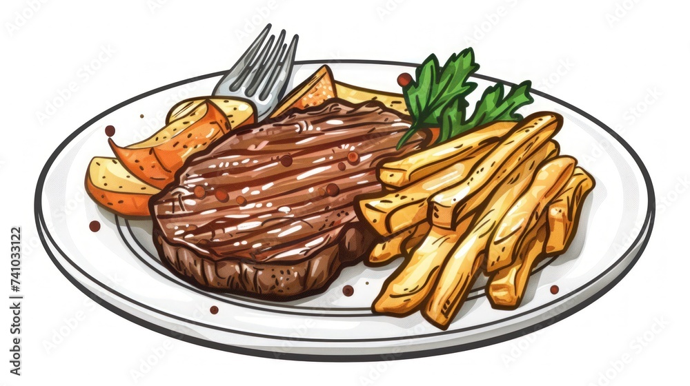 Delicious beef steak and french fries on a plate in vintage style illustration. generative AI image Delicious beef steak and french fries on a plate in vintage style illustration. generative AI image