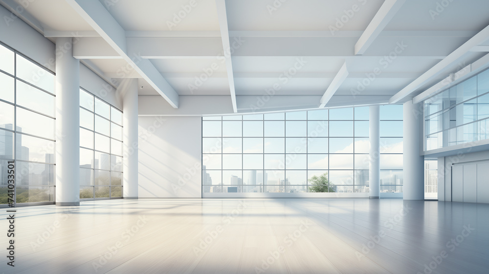 Empty office interior with panoramic windows.