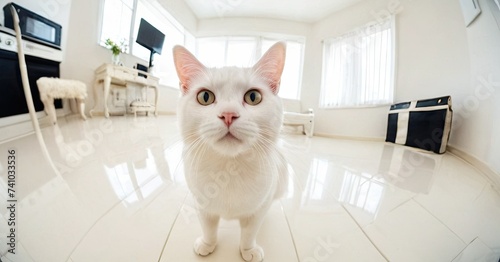 Wide angle photo with cat, who makin selfie on fisheye lens. Emotion headshot composition. Centered object. Natural light photo. Animal communication and social media concept. photo