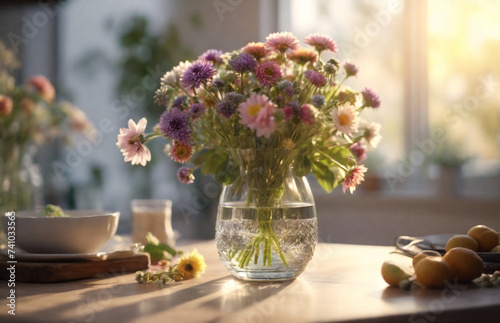 High quality image, 8K, FBeautiful decorative flowers in a glass vase on the kitchen table. Soft and magical lighting of a fresh morning, amazing sun, high detail, perfect precision, perfect compositi © Евгения Жигалкина