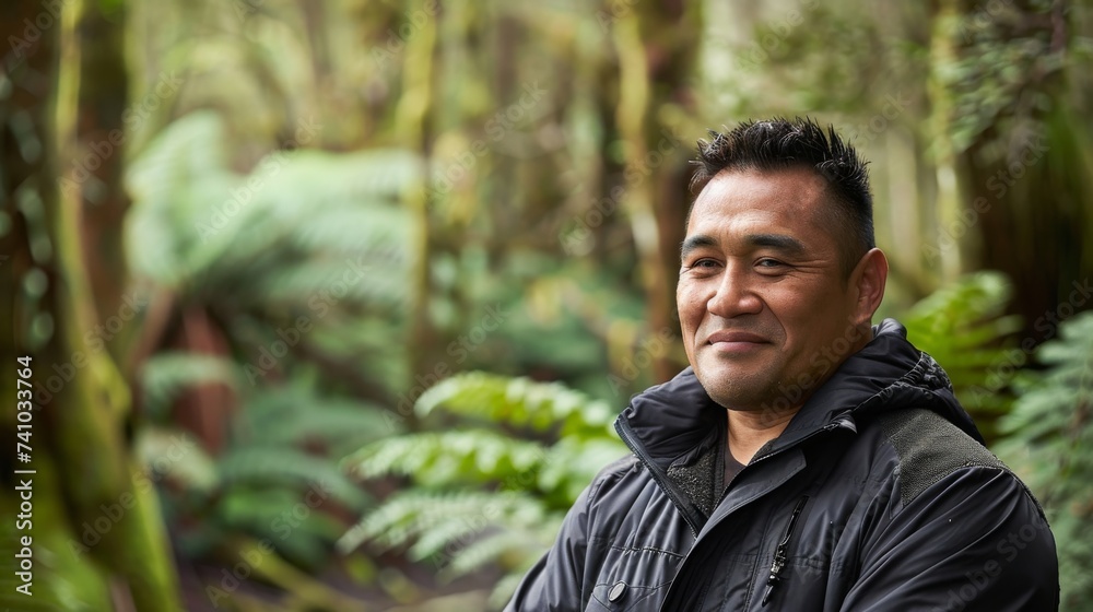 A solitary man, clad in a black jacket, stands tall among the lush greenery of the jungle, his human face a picture of determination as he braves the wild outdoors on his hiking journey through the r A solitary man, clad in a black jacket, stands tall among the lush greenery of the jungle, his human face a picture of determination as he braves the wild outdoors on his hiking journey through the r