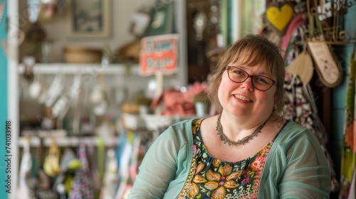 A stylish woman radiates confidence as she smiles for the camera in a trendy boutique, her fashion accessory and glasses adding the perfect touch to her outfit