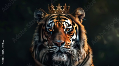 Close-up portrait of tiger wearing crown. generative AI image photo