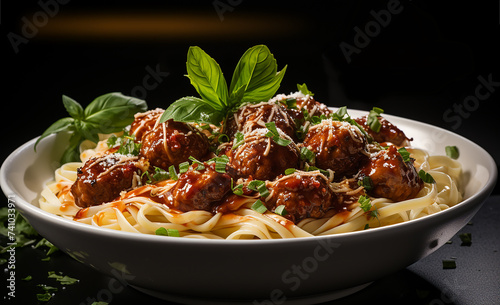 Mouthwatering Moments, Realistic Spaghetti Pasta with Meatballs and Tomato Sauce, Representing the Pleasures of Healthy Eating. Selective focus.