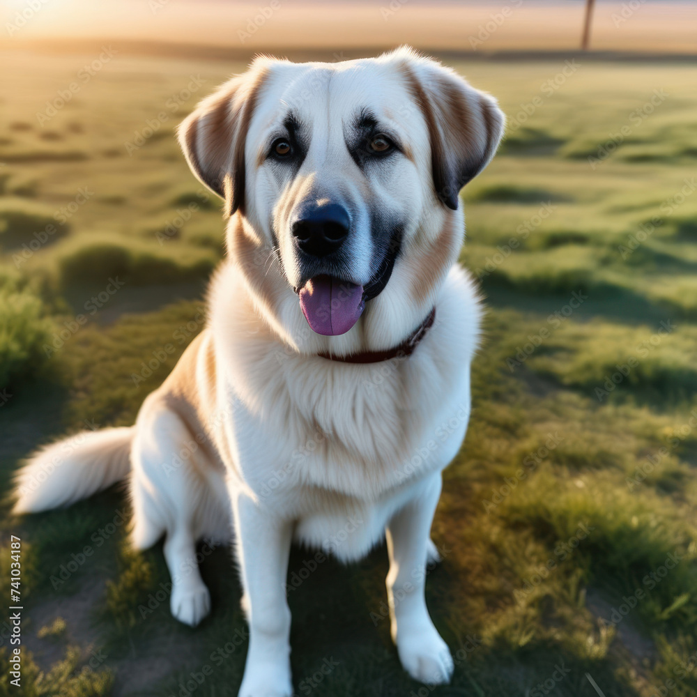 Portrait of Anatolian Shepherd Dog with a ranch or farm on a background