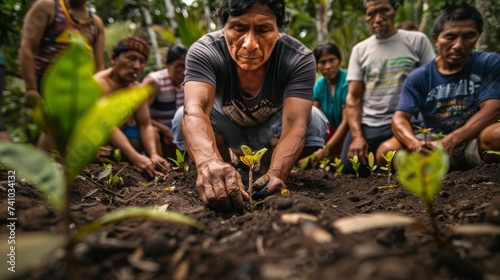 A diverse group of individuals, dressed in casual outdoor clothing, come together to nurture a small plant in rich soil, symbolizing the growth and unity of humanity through the act of planting and c