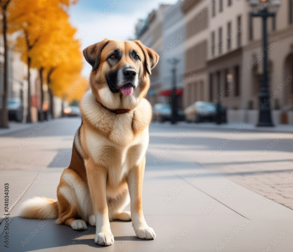 Portrait of Anatolian Shepherd Dog with a city street on a background