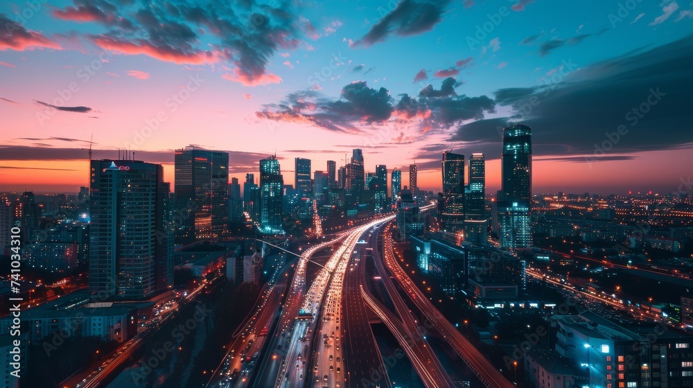 Fototapeta premium As the sun sets on the metropolitan skyline, the glowing lights of the skyscrapers and bustling streets create a vibrant landscape in this urban metropolis