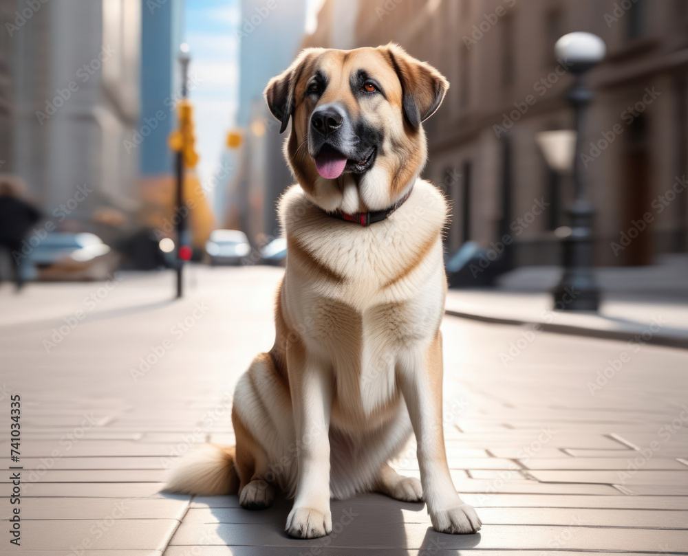 Portrait of Anatolian Shepherd Dog with a city street on a background Portrait of Anatolian Shepherd Dog with a city street on a background