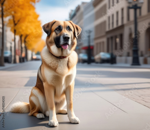 Portrait of Anatolian Shepherd Dog with a city street on a background