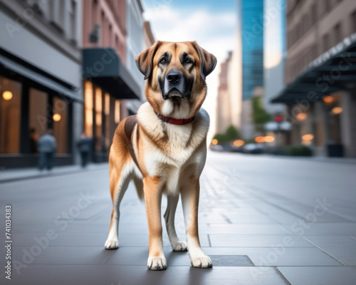 Portrait of Anatolian Shepherd Dog with a city street on a background