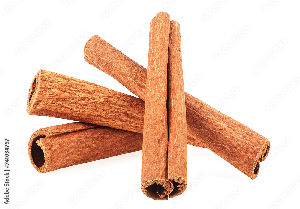 Group of cinnamon sticks isolated on a white background. Cassia rolls. - obrazy, fototapety, plakaty 