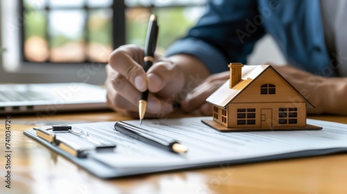 A focused individual seals a deal with a signature on the contract, surrounded by the warmth of a cozy indoor setting, their trusty laptop resting on a polished wooden table