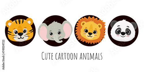 Cute cartoon animals faces tiger, elephant , lion and panda bear isolated on white. Illustration of funny animals. Vector