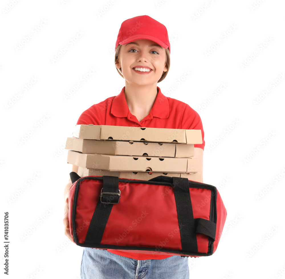 Female worker of food delivery service with pizza boxes and thermal bag on white background Female worker of food delivery service with pizza boxes and thermal bag on white background