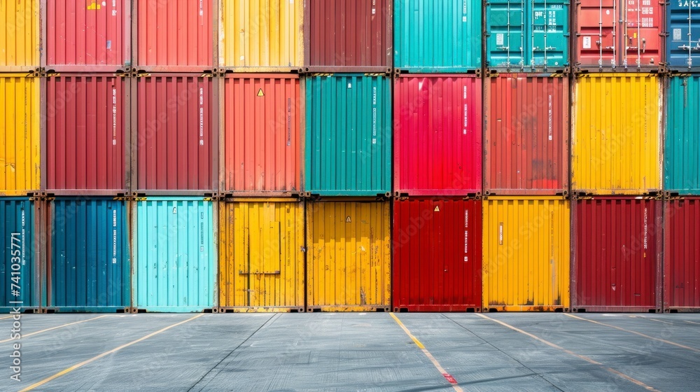 Fototapeta premium set of containers of different colors grouped on top of others on a ship or warehouse in high resolution