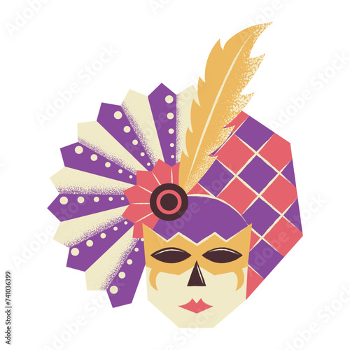 Multicolored masquerade mask with feathers. Brightly colored carnival accessory. Flat vector illustration isolated on white background.