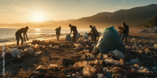 A group of volunteers collects trash on the beach. The theme of ecology