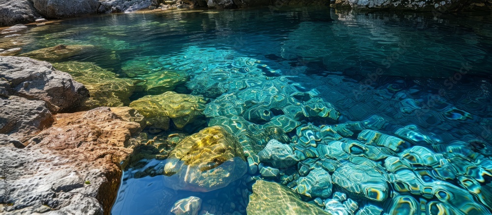 An azure body of water, surrounded by rocks and coral, creates a stunning natural landscape perfect for underwater exploration and leisure activities