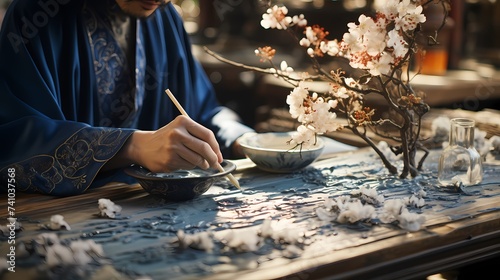 A close-up shot of a calligrapher's brush gliding across the page, creating elegant and flowing letters, highlighting the beauty of the written word and the artist's mastery of calligraphy, 