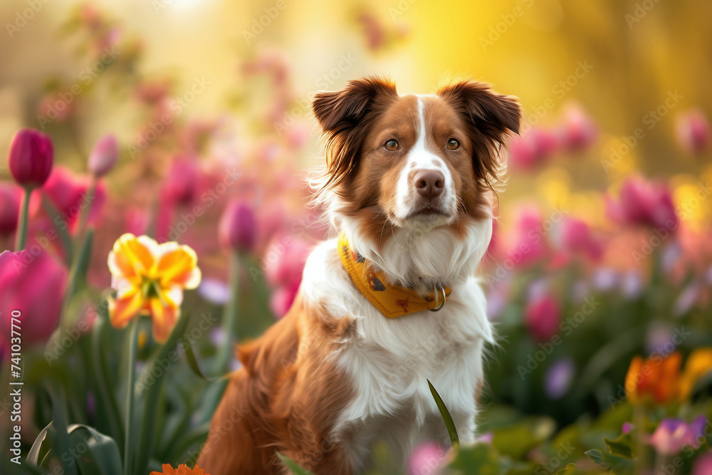 Portrait of a beautiful dog in the field of flowers.