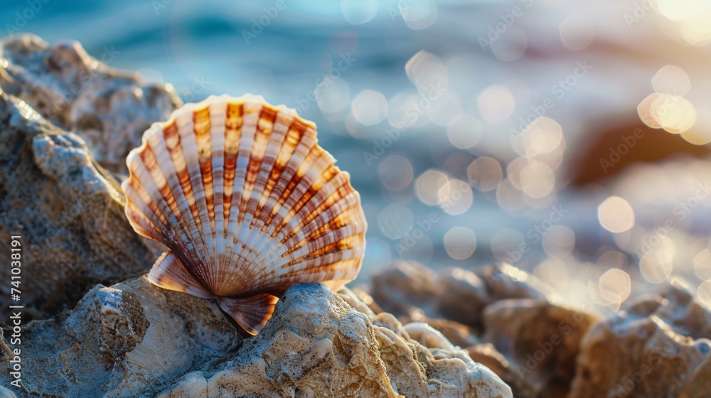 Coquille Saint-Jacques sur les rochers d'une plage » IA générative Coquille Saint-Jacques sur les rochers d'une plage » IA générative
