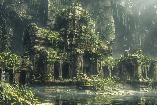 Witness the haunting beauty of the ancient temple ruins on the island of Thule  where crumbling stone structures are entwined with vines and moss  hinting at a lost civilization and forgotten powers