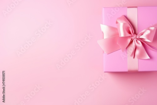 Delicate pink gift box adorned with a silky satin bow on a matching pink background, space for text. Pink Gift Box with Elegant Satin Ribbon