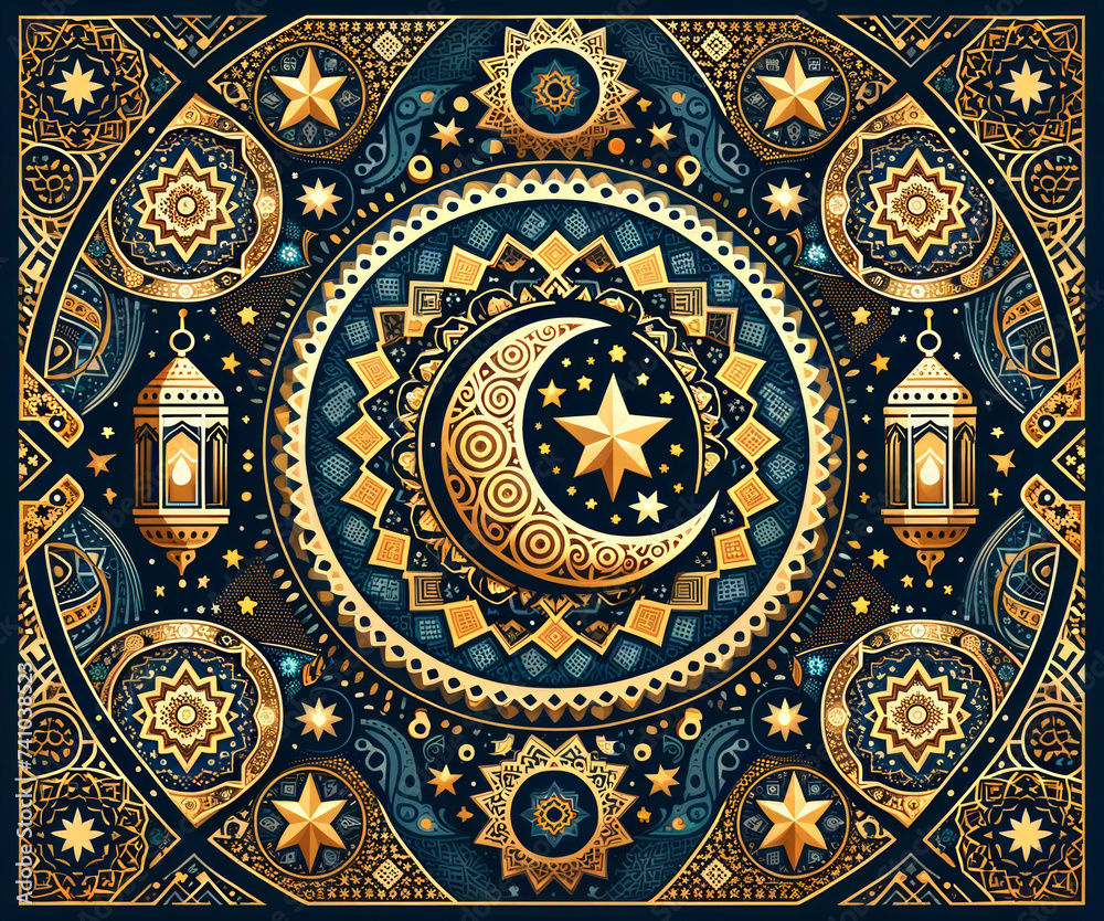 Pattern illustration with Ramadan motifs including crescent moons and lanterns. Ornate Ramadan Tapestry. Intricate Background with Crescent Moons, Stars