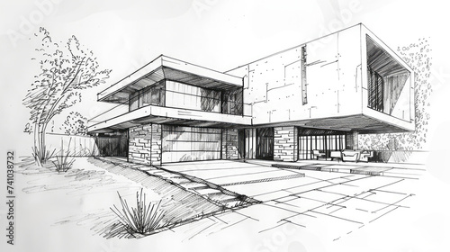 Generative AI, Contemporary architectural sketch with pencil and markers of a house facade, technical drawn background 
