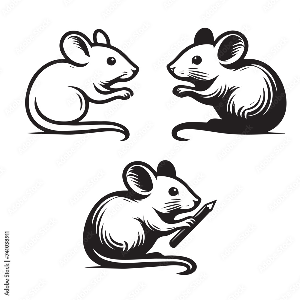 Obraz premium Mouse rat silhouettes set, large pack of vector silhouette design, isolated white background, Mouse Icon, Large set of graphic illustration of a black silhouette of a realistic rat in isolate on a whi