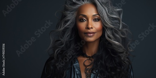 Gorgeous grey-haired African woman model on black background. Generative AI