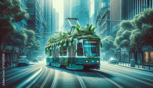 Eco-Friendly Tram Covered in Green Plants