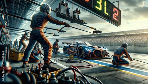Professional Pit Crew in Action during Race Car Pitstop photo