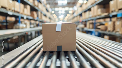 Cardboard boxes move on a conveyor belt in the warehouse's order processing center. Logistics and delivery of goods. Generated AI © Elena