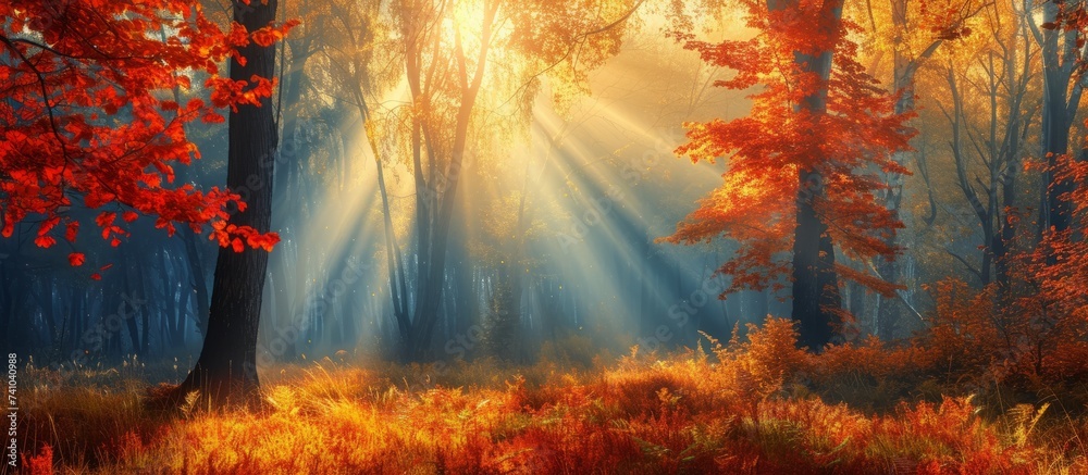 The autumn sun shines through the trees, creating a warm and picturesque atmosphere in the forest