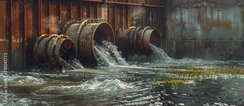 An industrial damage pollution waste water flowing from large metal pipes into rivers. photo