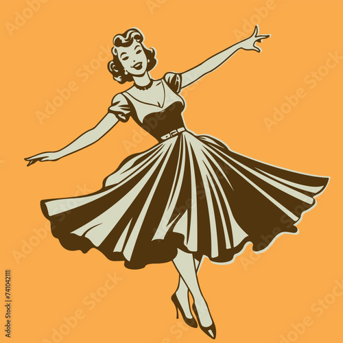 vintage cartoon illustration of a dancing happy woman with sketchy simple face © shockfactor.de