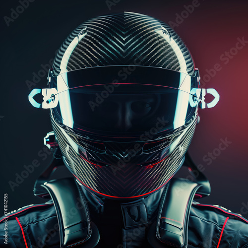 A futuristic motorbike rider in full gear and a reflective helmet poses against a dark gradient background. photo