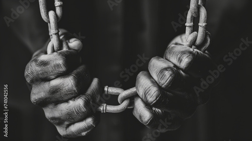 Gritty monochrome image of clenched fists breaking free from heavy metal chains.