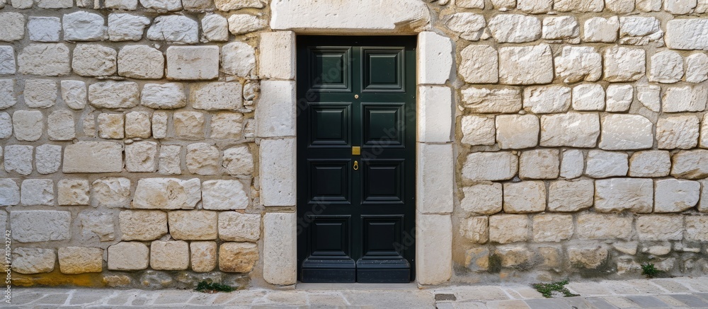 A black door is a fixture on a stone wall, adding to the brickwork facade of the building. The contrasting colors create a striking home door in the house