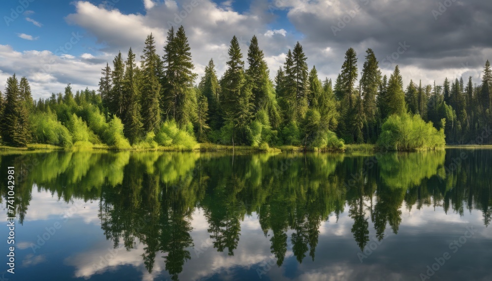 lake, reflection, serene, nature, trees, sky, water, tranquil, forest, clarity, mirror, greenery, pines, undisturbed, surreal, peaceful, view, vibrant, blue, clouds