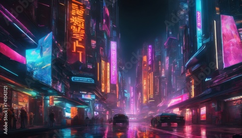 cyberpunk, neon, cityscape, night, skyscraper, futuristic, holographic, architecture, streets, pedestrians, vehicles, electronic, technology, rain, advertisements, glow, shadows