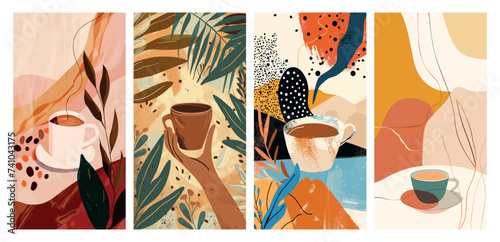 Abstract coffee art posters set, modern vector illustrations with warm tones