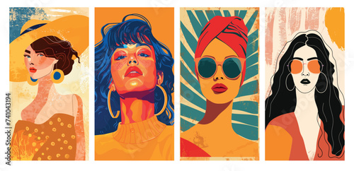 Stylish women portraits vector illustration set, fashion art posters